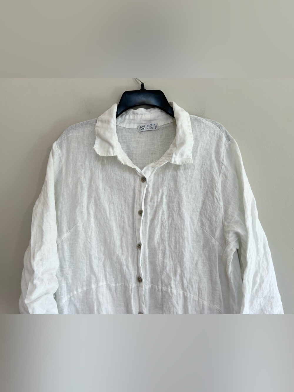 Italian 100% Linen Long 3/4 Sleeve White Brown Ombre Button-Down Shirt Dress, L - Picture 4 of 9